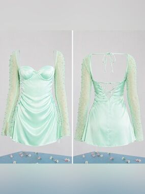Oh Polly Mint Green Satin Bustier with Beaded Shrug